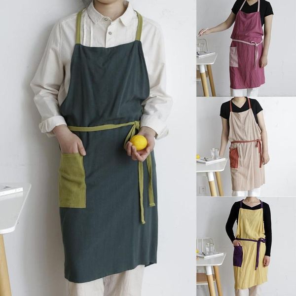 

kitchen fresh soft cotton linen breathable thin apron with pocket for women men cooking baking coffee shop cleaning aprons