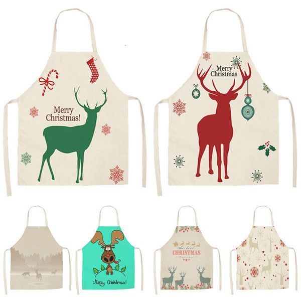 

1pcs lovely deer christmas apron for woman pinafore cotton linen aprons 53*65cm home kitchen cooking baking cleaning bibs cm1004