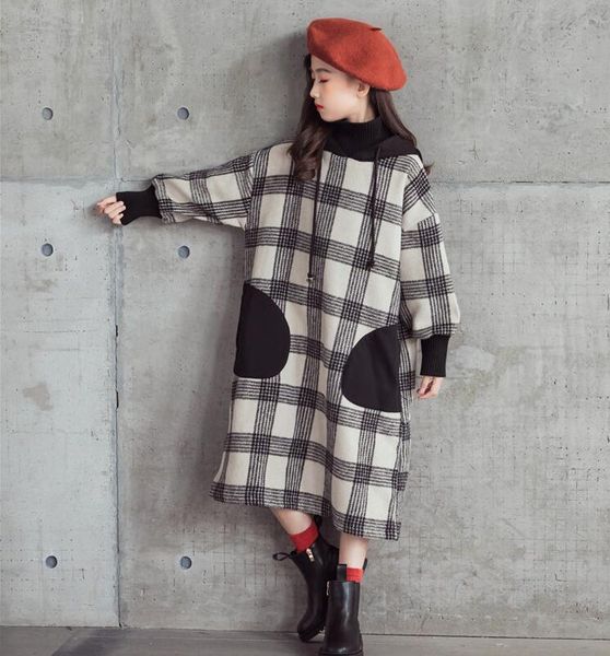 

teen girl dress 2020 winter clothes girls plaid knitted collar hooded long dresses baby girls turtleneck clothes dresses, Red;yellow