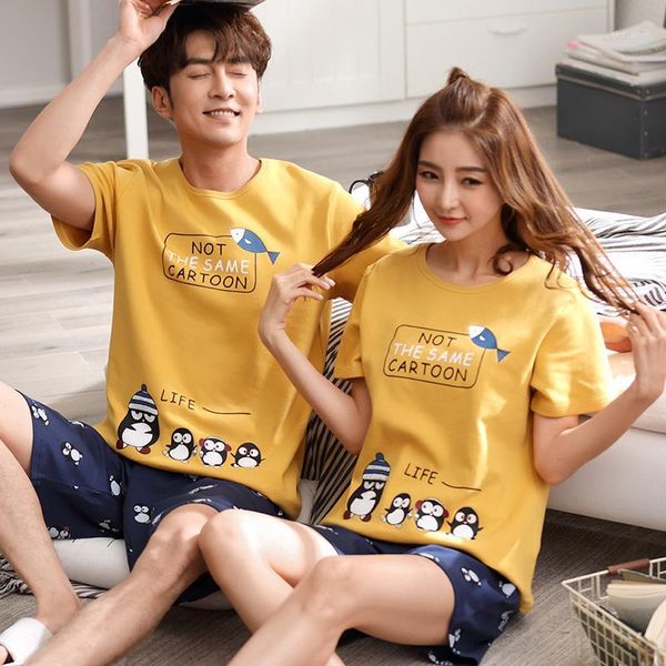 

couple pajamas set summer short sleeve sleepwear men and women tracksuit big size pyjamas lovers cotton sleep wear1, Black;red
