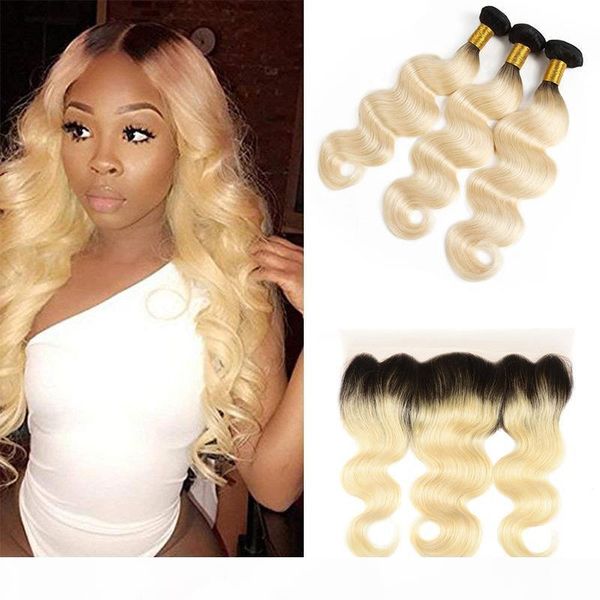 

ear to ear lace frontal closure with bundles ombre blonde brazilian body wave 1b 613# human hair weaves and full frontal closure piece, Black