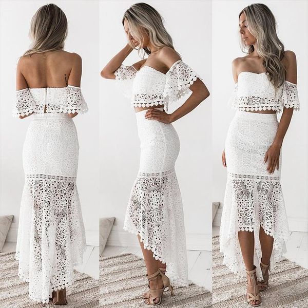 

summer fashion lace patchwork women suit lace tube backless high waist slim midi skirt elegant two piece set female, Gray