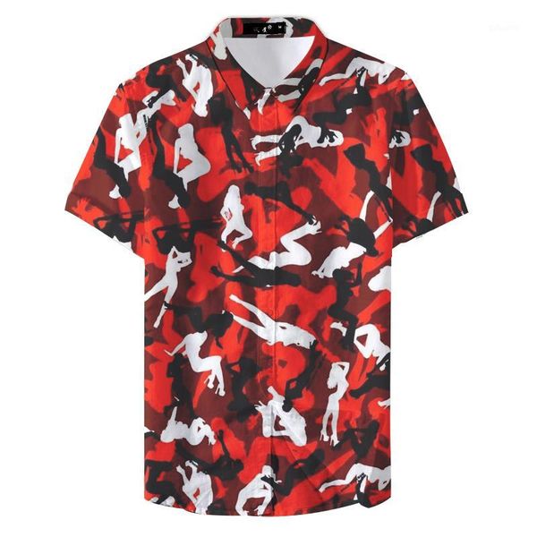 

2019 summer comfort fashion short sleeve button printed man casual shirt1, White;black