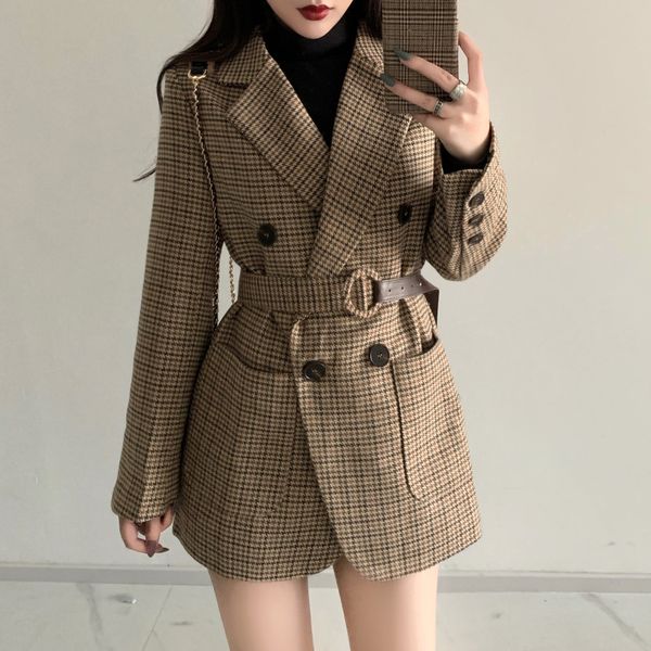 

office ladies double breasted pocket plaid and jacket work suit long sleeve notched female blazer coat with belt, White;black