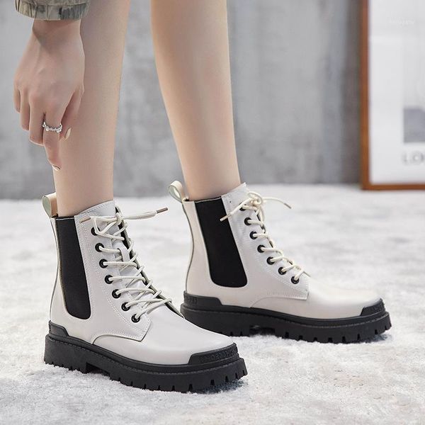 

fashion lace up ankle boots woman platform pu leather boots british style autumn and winter 2021 new casual women's shoes1, Black