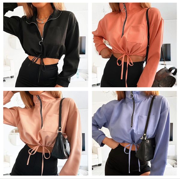 

autumn / winter 2020 women's wear ins style standing collar long sleeve drawstring short coat women 6099, Black;brown