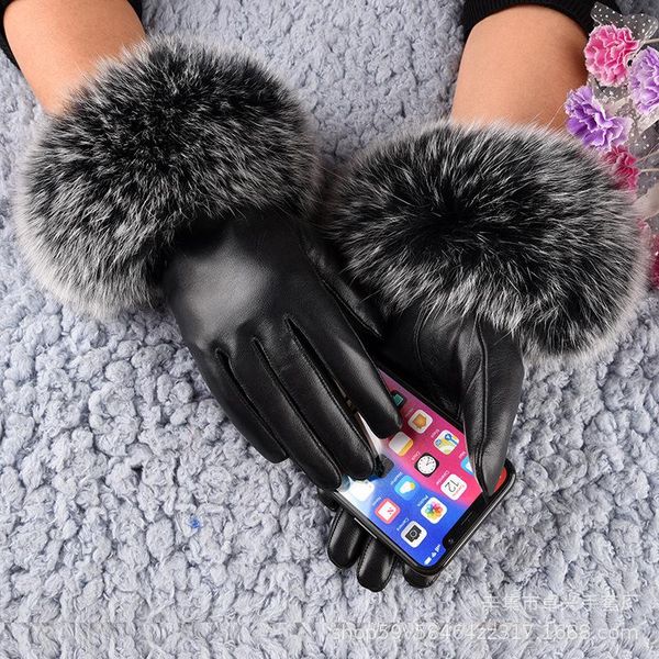 

winter women' leather gloves big fur mouth korean version of the tide ladies sheepskin gloves winter plus velvet warm, Blue;gray