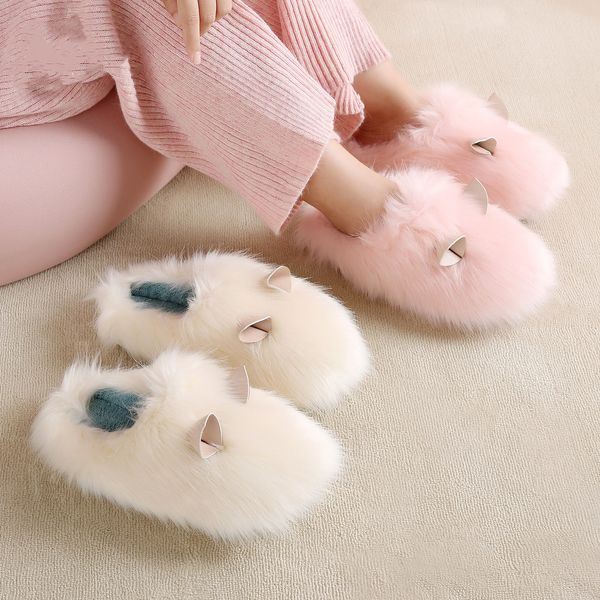 

suihyung women fur slippers new winter warm indoor cotton shoes cartoon ears plush slides ladies girls home slip on furry shoes x1020, Black