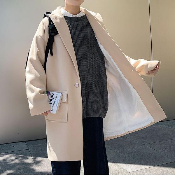 

men's wool & blends winter plus velvet woolen coat warm fashion casual long men loose korean overcoat mens, Black