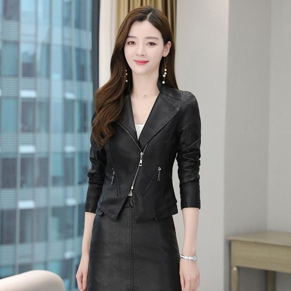

bottle slim fit short european station motorcycle leather jacket women's pu leather jacket korean autumn locomotive clothing, Black