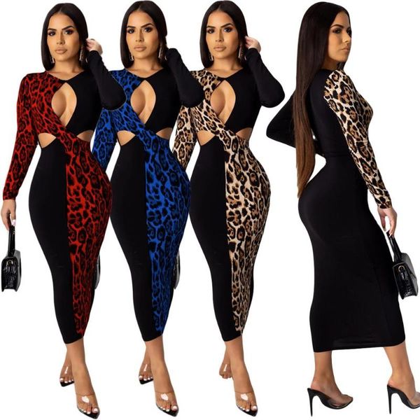 

leopard patchwork criss-cross hole style long sleeves new arrival autumn women bodycon maxi dress casual fashion outfits, Black;gray