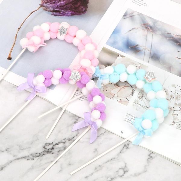 

pink blue soft pompom cloud diy cake flags decoration cake er flags birthday 1pcs festival party supplies