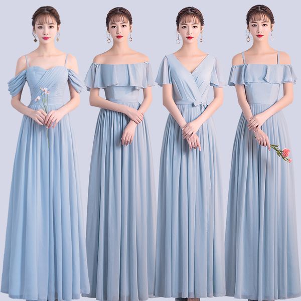 

korean style women summer party wedding guest pearl chiffon long blue pink bridesmaid dresses vestido madrinha, Blue;red
