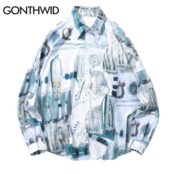 

vintage egypt painting print long sleeve dress shirts men harajuku hip hop casual button down shirt streetwear kg-197, White;black