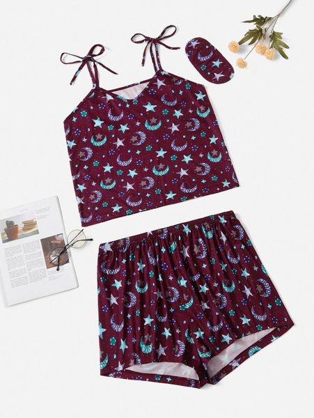 

plus star and moon print tie shoulder cami & shorts pj set j6h6#, Black;white