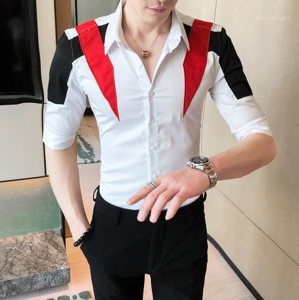 

men's casual shirts blouse men fashion splice design middle sleeve lapel shirt male personality wild slim summer arrival1, White;black