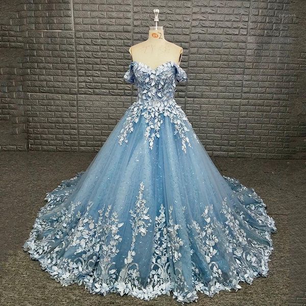 

noble bride luxury off shoudler sweetheart light sky blue 3d french floral flowers ball gown prom dress1, White;black