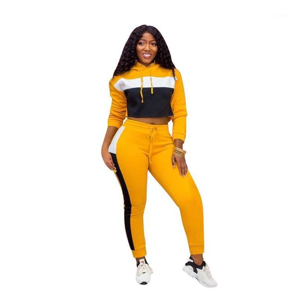 

2020 autumn winter 2 piece set patchwork sports hooded tracksuit women long sleeve pullover crop + casual slim pants female1, White
