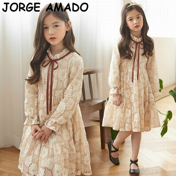 

teenage girls dress 2020 autumn new apricot lace long sleeve princess dress kids clothes 4-12t e4505, Red;yellow