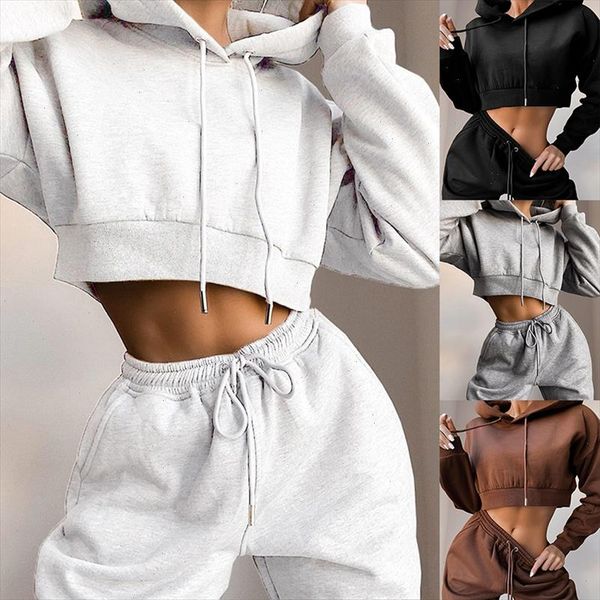

casual two piece set hoodie solid color short and long pants loose 2 piece women fashion sport female tracksuits, Gray