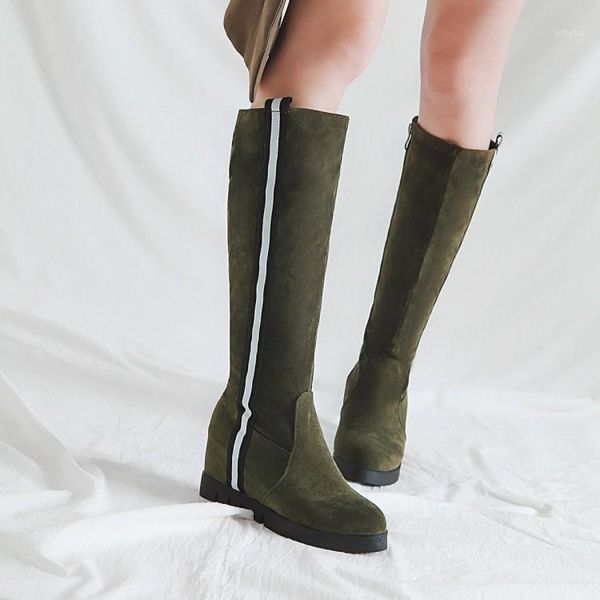 

pxelena retro hidden high heels knee high boots women shoes round toe striped riding punk rock gothic long boots ladies shoes1, Black