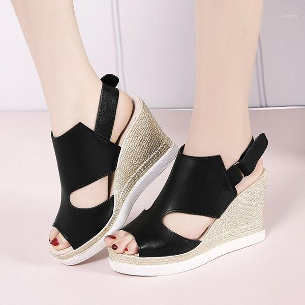 

peep toe super high gladiator wedges sandals hook loop platform platform ladies sandals leisure ankle strap women shoes1, Black