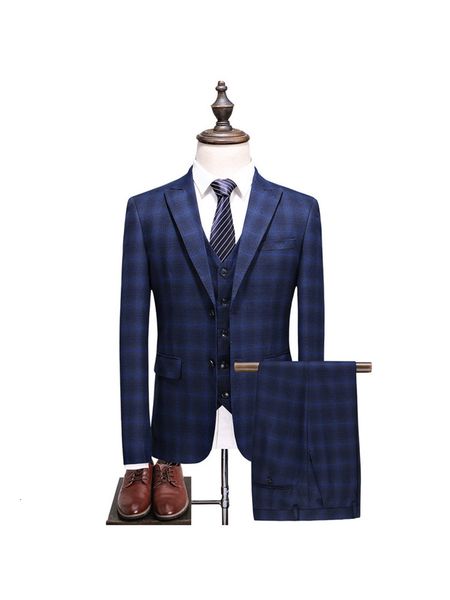 

men's suit men's spring and autumn new business casual plaid suit three-piece suit (coat + pants + vest) men's wedding banque, White;black