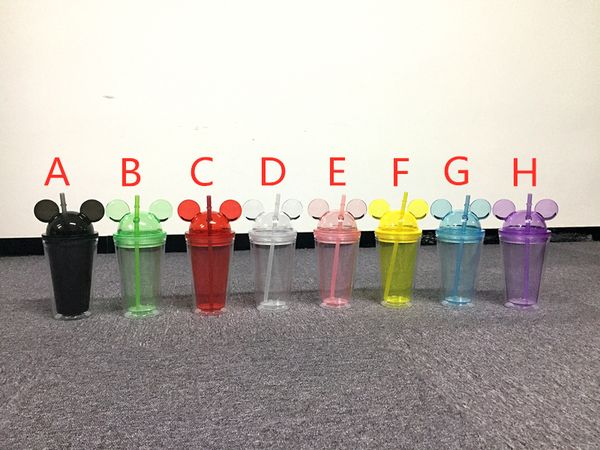 

new 450ml mouse ear mug 8 colors double walled acrylic dome tumbler transparent with same color straw