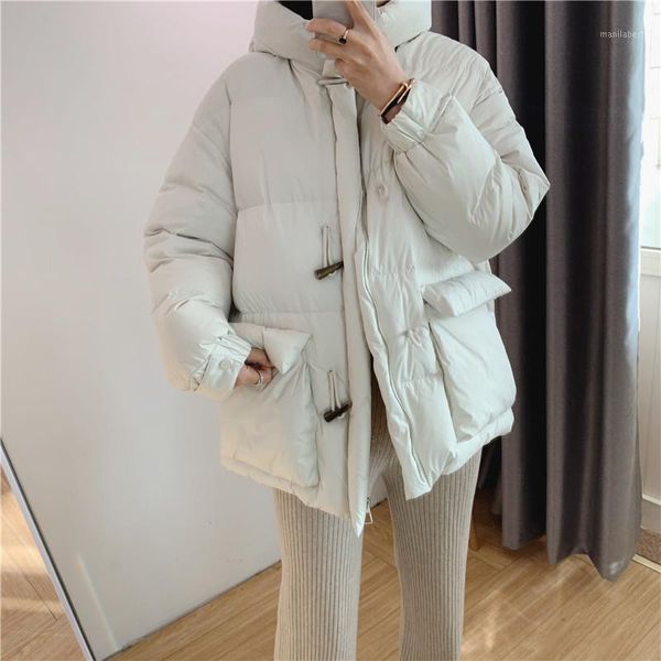 

new 2020 women white duck down puffer jacket female hooded loose down coat winter warm ultra light short parkas ladies outwear1, Black