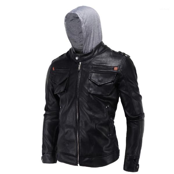 

men's fur & faux black men leather jacket pockets bomber pu jackets and coats slim overcoat1