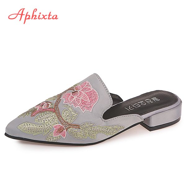 

aphixta large size 34-42 pointed toe slippers embroidery shoes women square heel sandales chanclas mujer female beach big slides x1020, Black
