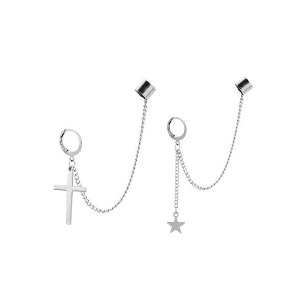 

hoop & huggie stainless steel ear cuffs dangle chain earrings cross star pendant ring set, Golden;silver