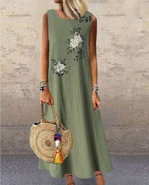 

large cotton summer women's style 2020 new linen printed round neck sleeveless dress long, Black;gray