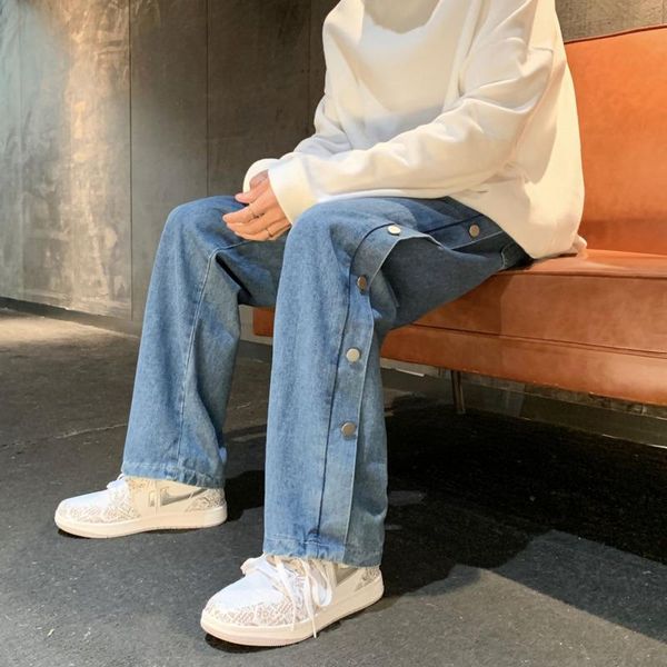 

men's jeans 2021 spring and winter solid color buttoned wide-leg loose casual fashion young clothing, Blue