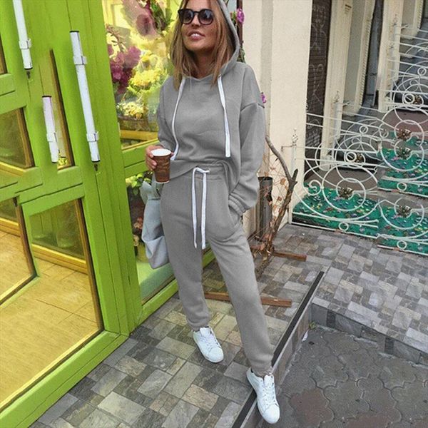 

bigsweety женщины комплекты нового способа с капюшоном топы толстовка твердотопливные длинные брюки комплекты женская одежда костюмы женский, Gray