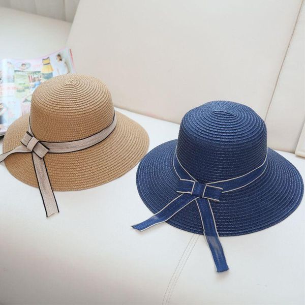 

womens summer fisherman straw bucket hat long contrast color ribbon bowknot large wide brim sunscreen visor round beach 2xpd, Blue;gray