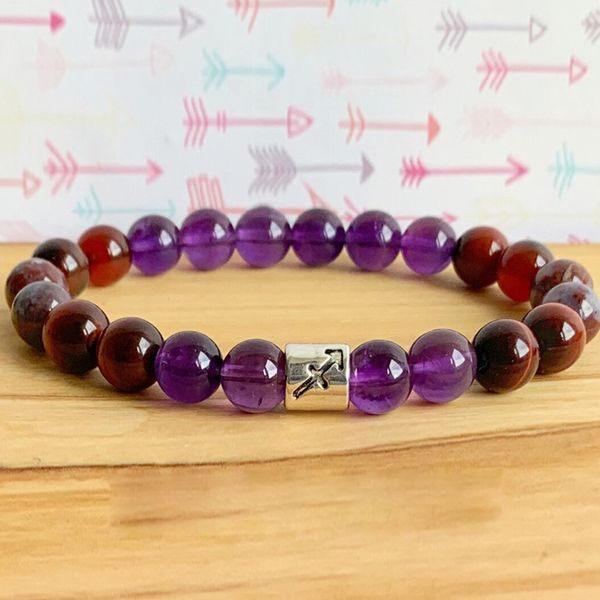 MG1301 Bracciale zodiacale Sagittariu Bracciale yoga mala con ametista naturale da donna Bracciale energetico con pietra rossa occhio di tigre di grado AA