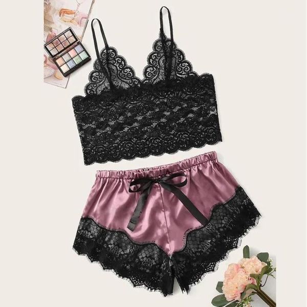 

floral lingerie lace bra set cami satin shorts women 2019 summer sets ladies wireless bra and shorts underwear set a101, Red;black