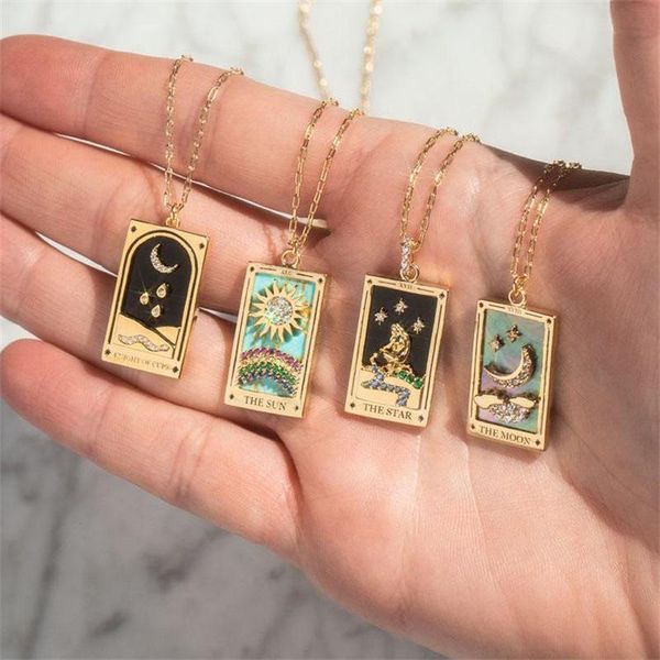 

pendant necklaces vintage sun moon star tarot necklace for women gold stainless steel zircon enamel cards mystic jewelry gifts, Silver