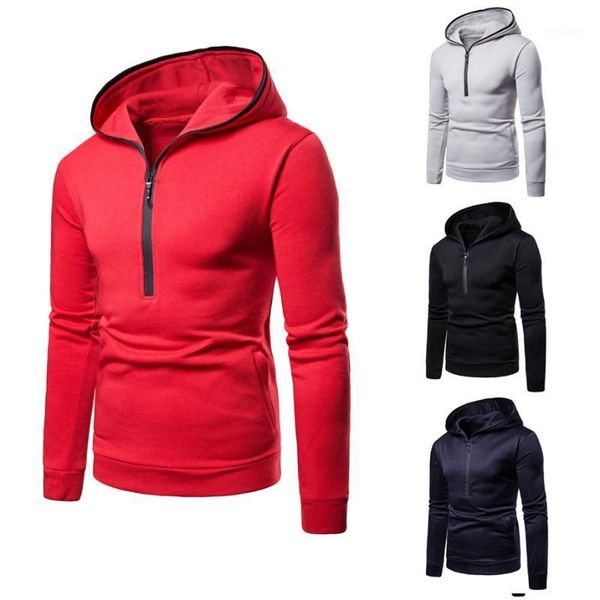 

men casual zip-through hoodie hooded tracksuit solid color sweatshirt autumn hiphop streetwear outerwear hoody with half zipper1, Black