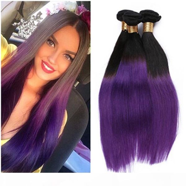 

fashionable 1b purple ombre hair extensions 3 bundles lot silky straight ombre brazilian human hair two tone ombre weave 9a quality, Black