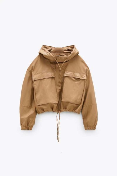 

2020 new imitation leather short camel windbreaker hooded women's n8-1036, Black