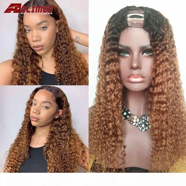 

180% density u part wig brown ombre curly human hair wig color 1b#t30# glueless brazilian remy hair 2*4'' u part for women, Black;brown