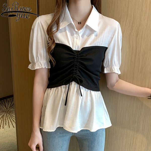 

blouse women korean clothes wild slim contrast stitching shirts summer women's blouse solid polo collar ropa de mujer 9604 y200828, White