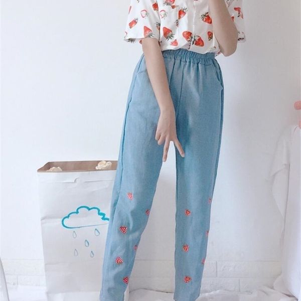 

summer women cute strawberry embroidery jeans 201029, Blue