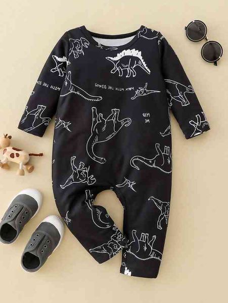 

baby slogan & dinosaur print jumpsuit she, Blue