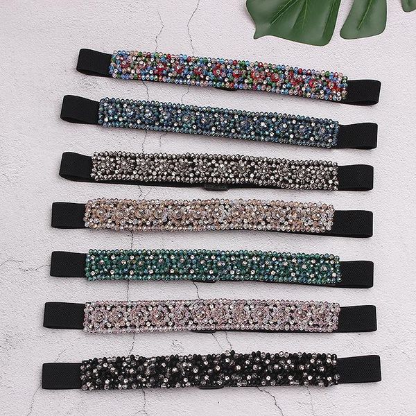 

women elastic waistband colorful black green black glass rhinestone stretch belt women dress crystal waist belts, Black;brown