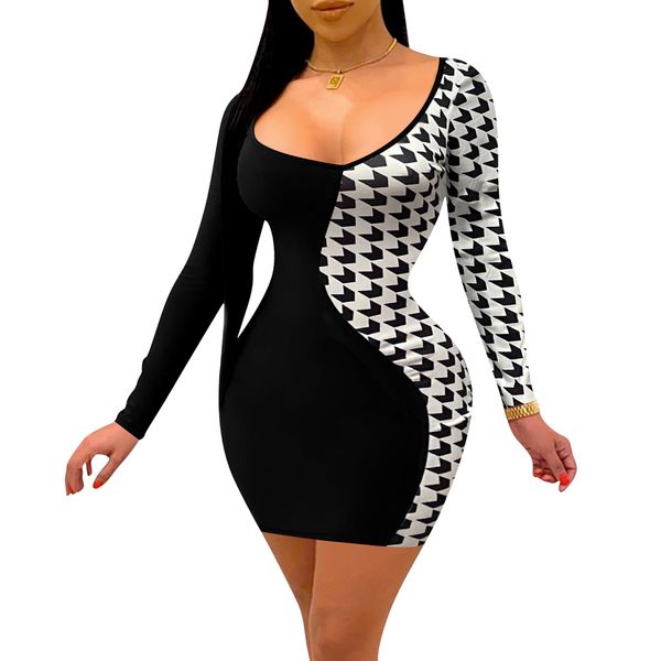 

2021 new womens slim fit night club plaid patckwork long sleeve fashion midi party mini dress djv6, Black;gray
