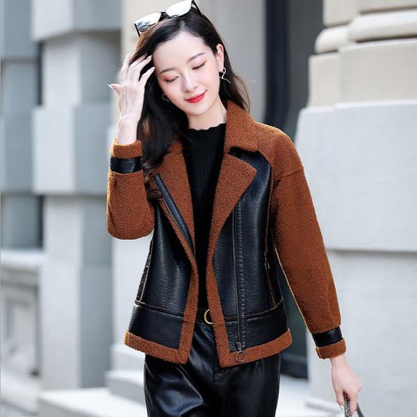 

New 2021 Winter Leather Pu Imitation Wool Short Female Jacket Mdbd, Black