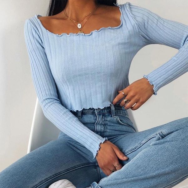 

ladies summer autumn t shirt square collar crop women solid color long sleeve slim tee shirt casual base bottoming, White